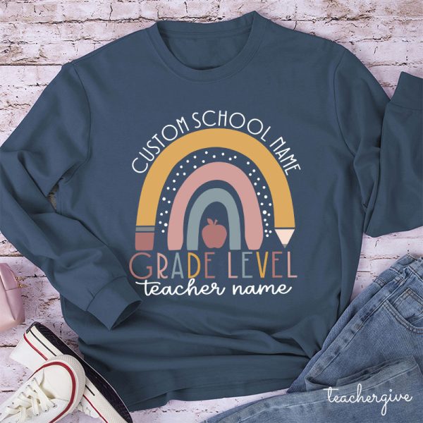 Personalized Name Rainbow Apple Teacher Long Sleeve T-Shirt