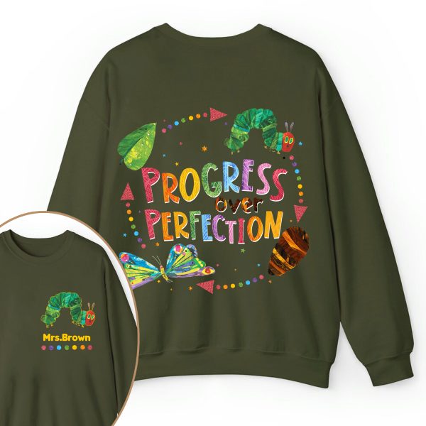 Personalized Name Progress Over Perfection Teacher Two Sided Sweatshirt